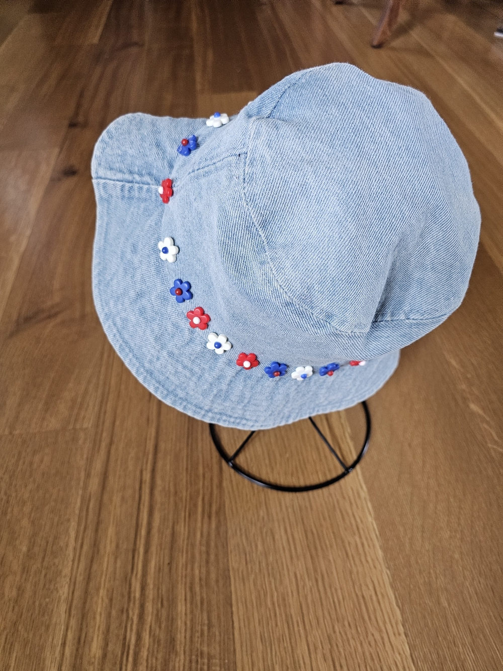 Denim Bucket Hat with Red, White & Blue Floral Buttons